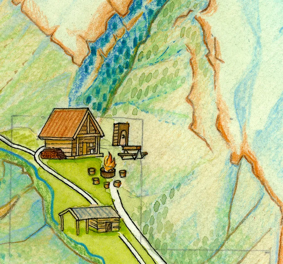 Custom ranch property map — 2D hand-drawn illustration with terrain features