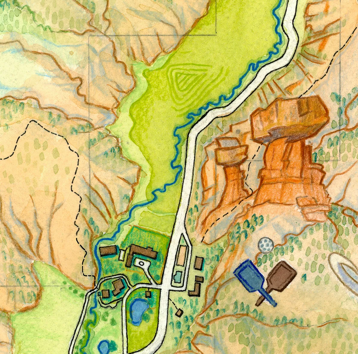 Custom ranch property map — 2D illustrated style showing landscape character