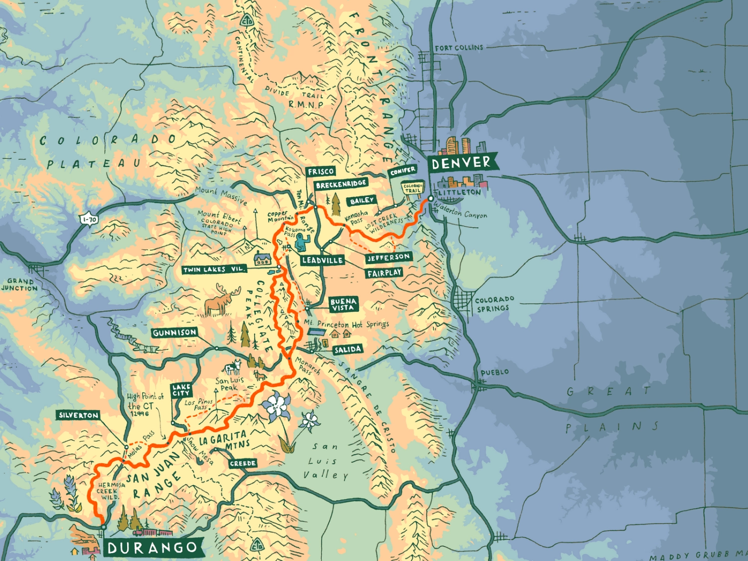Colorado Trail thru-hike route map — hand-drawn illustrated cartography by Maddy Grubb