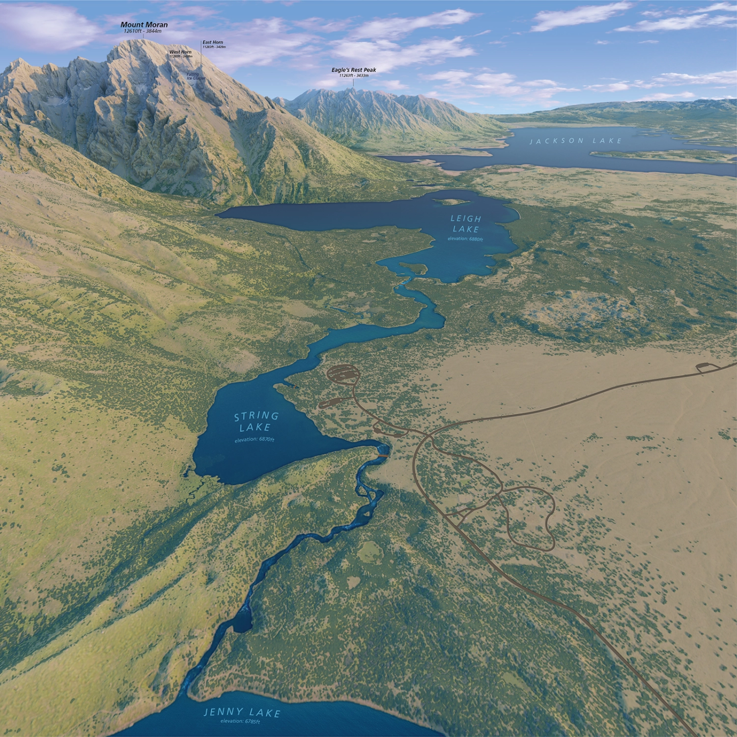 3D photorealistic terrain view of Mount Moran, Grand Teton