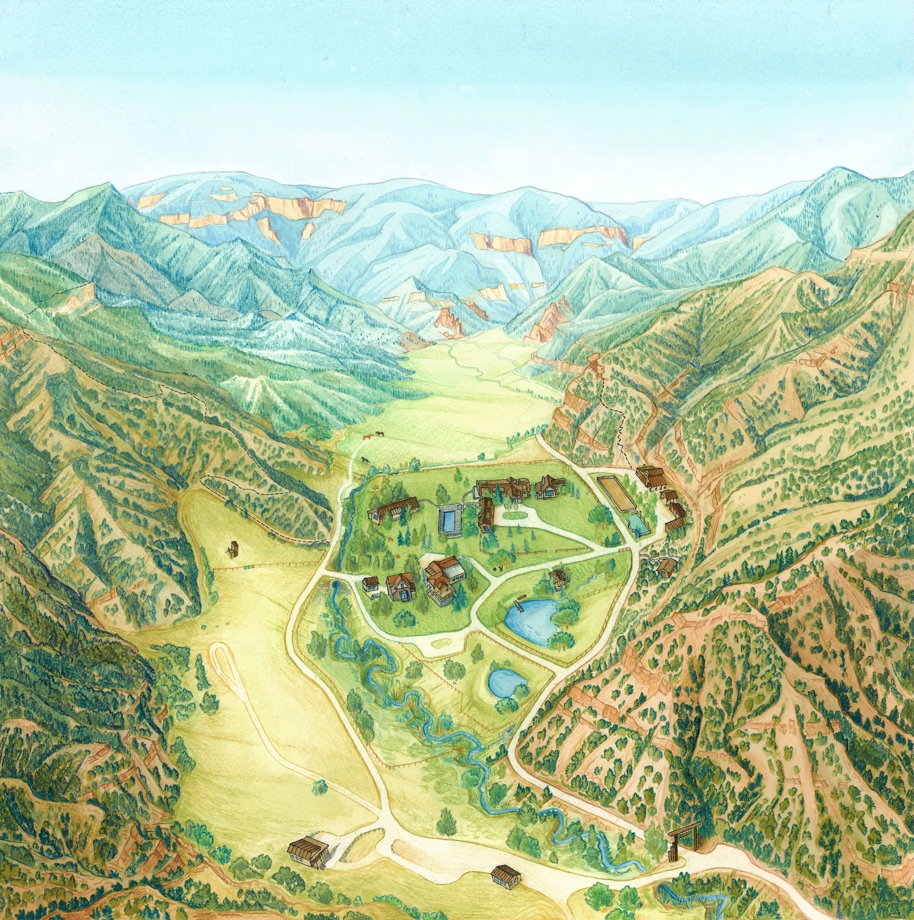 Hand-drawn and painted custom cartography map by Maddy Grubb