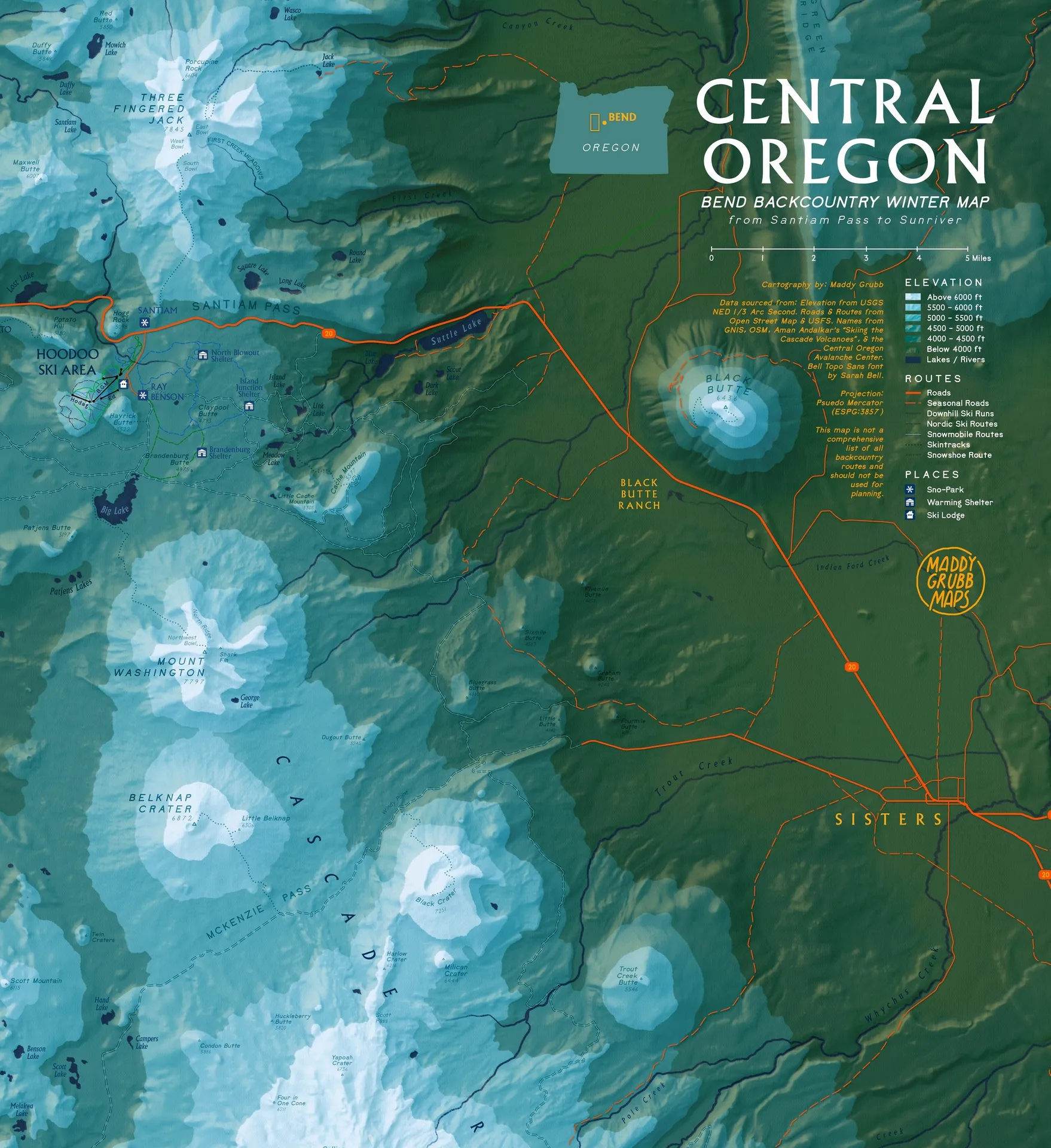 Custom ski resort trail map for Bend, Oregon — hand-drawn illustration detail