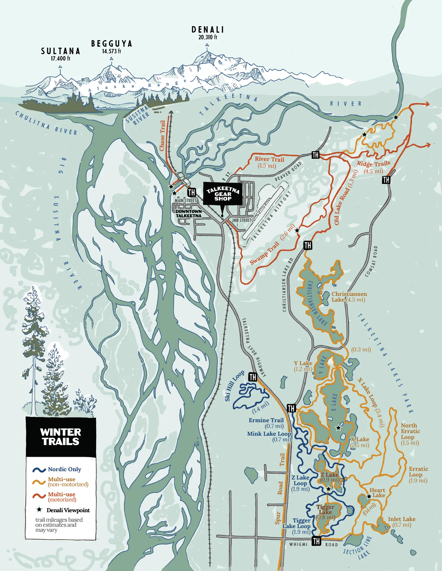 Winter trail and outdoor recreation map for a backcountry area