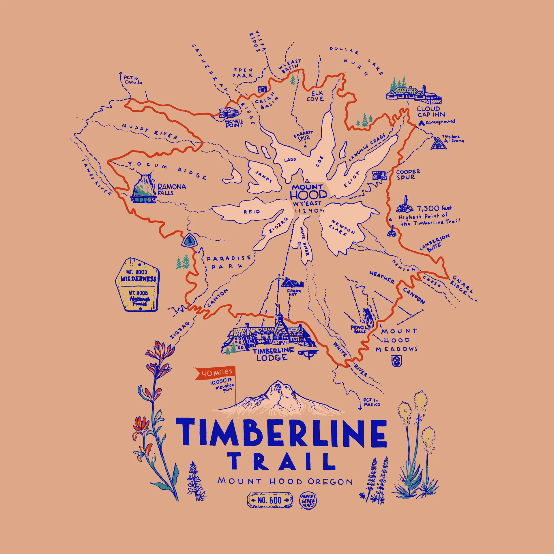 Timberline Trail circumnavigation route map, Mount Hood Oregon — pen and ink illustration